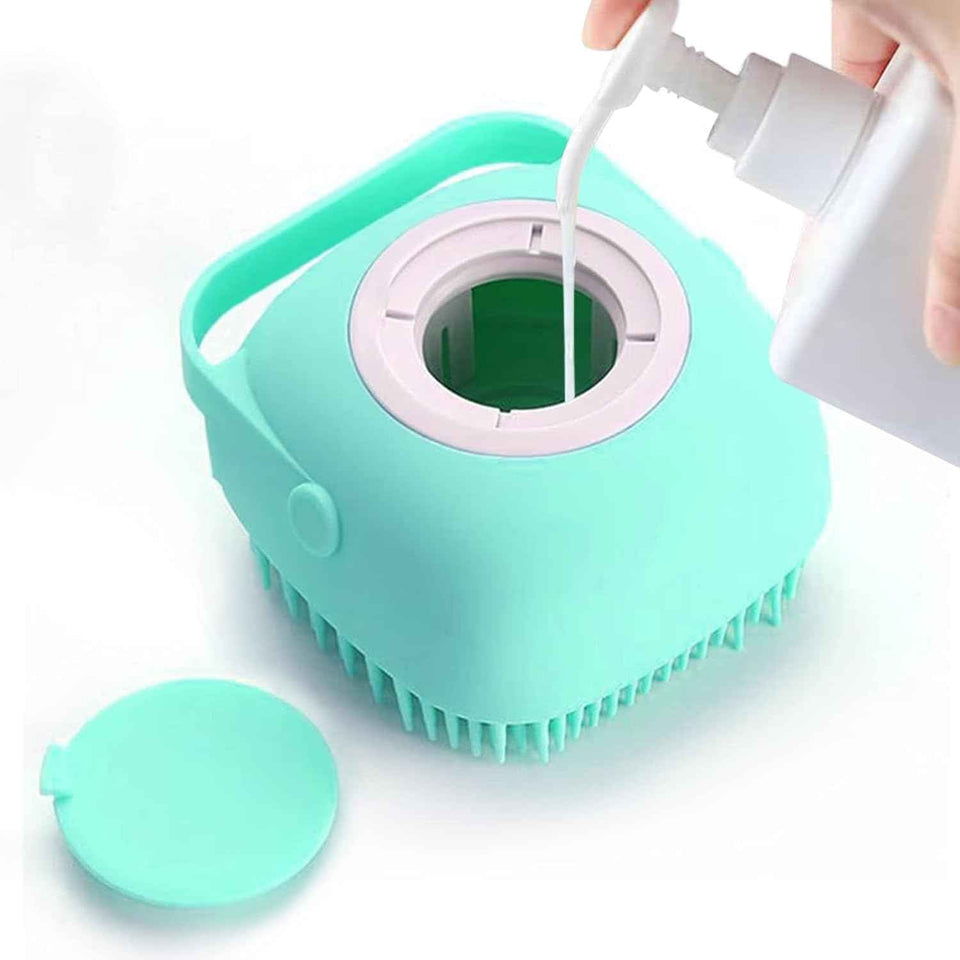 ELEGX Pet Grooming Bath Massage Brush with Soap and Shampoo Dispenser Soft Silicone Bristle for Long Short Haired Dogs Cats Shower (Yellow)
