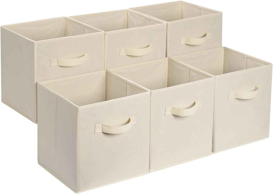 Amazon Basics Collapsible Fabric Storage Cubes Organizer with Handles, Sturdy, Beige, 10.5-x-10.5-x-11-inch, Pack of 6