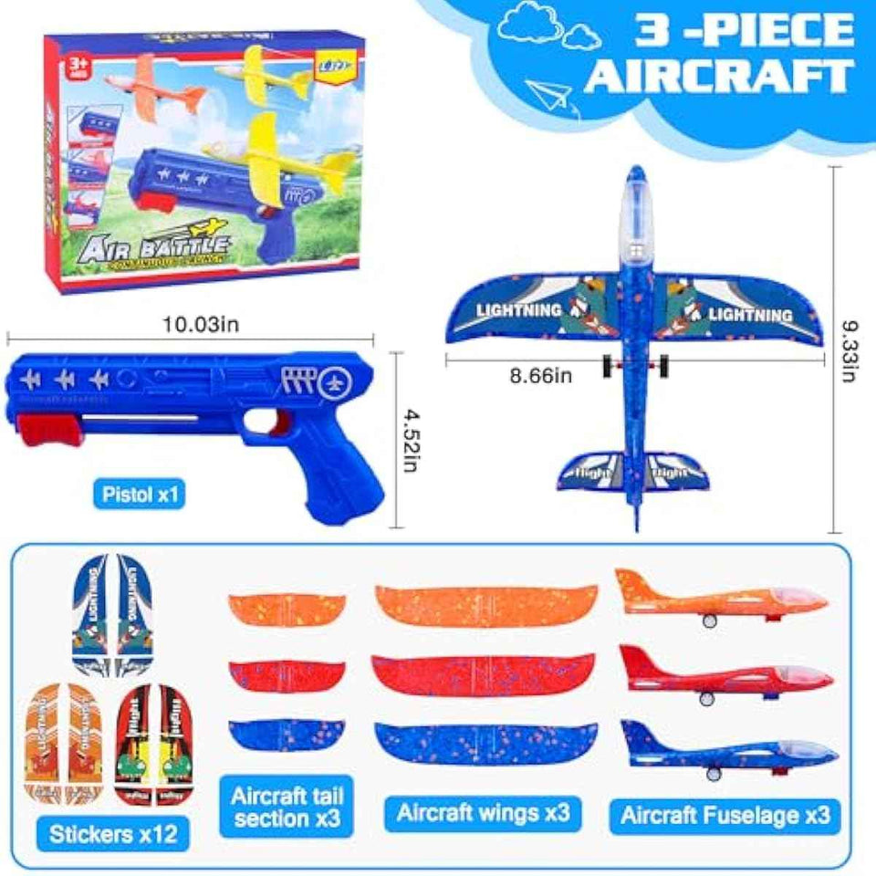 3 pack airplane launcher toys 2 flight modes led foam glider catapult planes outdoor kids flying toys birthday gifts 3+ year old