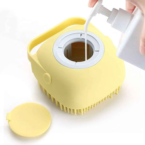 ELEGX Pet Grooming Bath Massage Brush with Soap and Shampoo Dispenser Soft Silicone Bristle for Long Short Haired Dogs Cats Shower (Yellow)