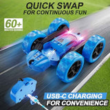 blue remote control car, 4wd stunt car with led lights & 360° flips, 2.4ghz, upgraded usb-c modular batteries for kids ages 6-12