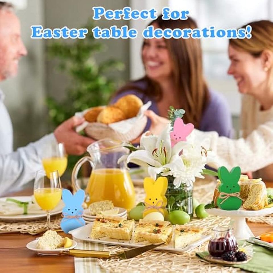 Easter Décor, 4 Pcs Wooden Peep Bunny Decorations for Tiered Tray, Mantel, Farmhouse, Cute Spring Signs for Home, Office, Party Supplies