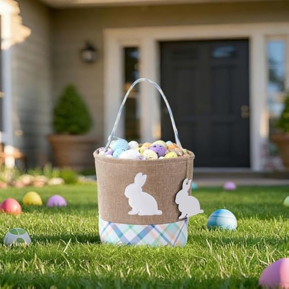 Easter Basket – Bunny Basket with DIY Blank Wooden Bunny Tag for Kids, Boys, Girls, Easter Egg Hunt, Candy Gift Storage (Bule)