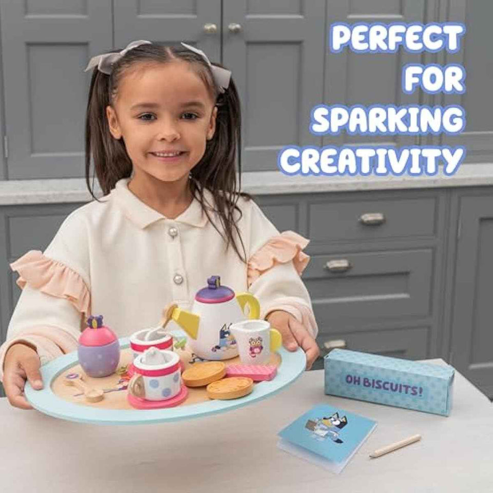 8th Wonder Bluey Toys Wooden Tea Party Set, 18-Piece Durable Toy Tea Set with Tray, Teapot, Teaspoons, and More, Pretend Play for Toddlers of Ages 3+