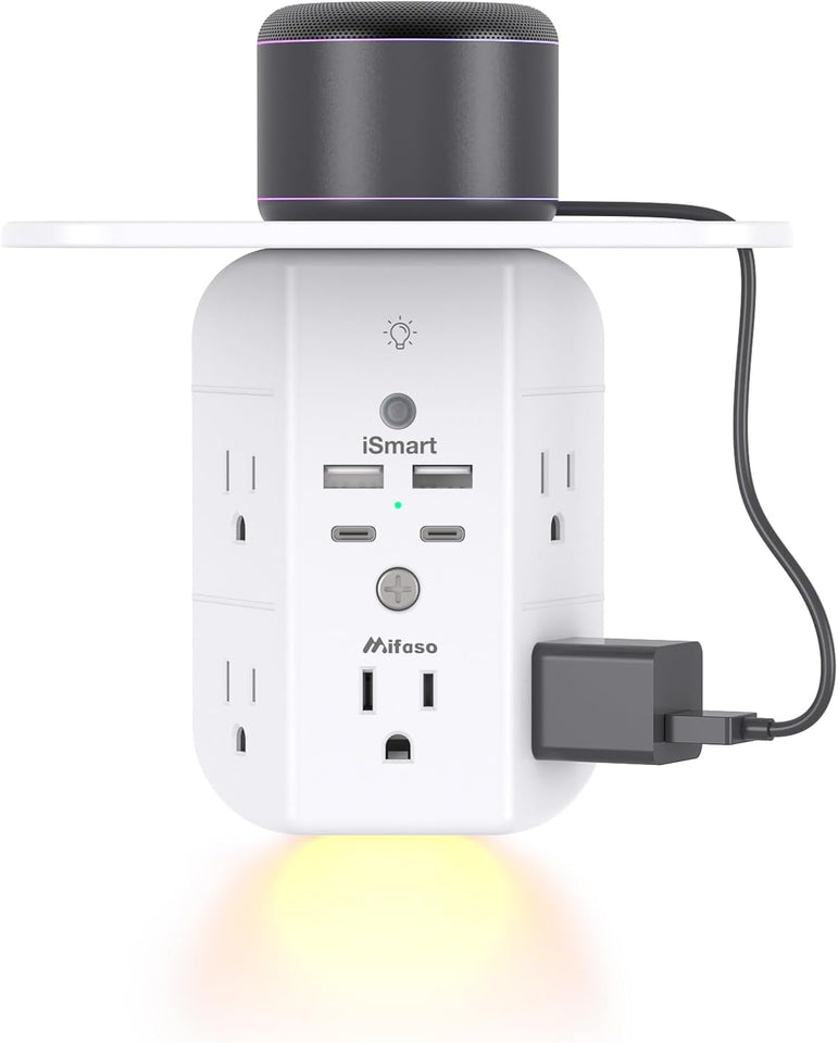 Mifaso 3-sided multi-plug power strip with shelf, night light, and surge protector, white