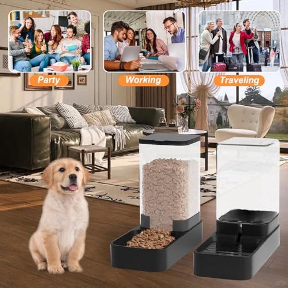 Automatic Cat Feeder and Water Dispenser Set with Pet Food Bowl, Gravity Dog Waterer, and Food Feeder for Small to Large Pets, 3.3L Black