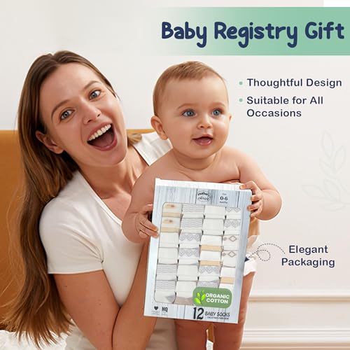Mother's Choice Organic Cotton Baby Socks 0-6 Months, 12 pairs, Soft, Cozy, and Gentle Socks for Infants Girls and Boys