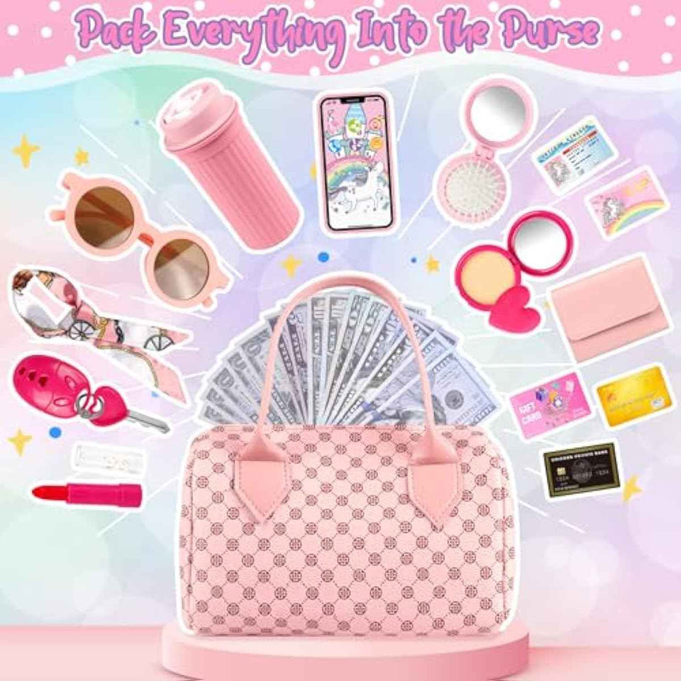 Play Purse for Little Girls, 32PCS Toddler Purse with Pretend Makeup for Kids, Princess Toys Includes Handbag, Phone, Wristwatch, Silk Scarf Kids Toy Purse Birthday Gift for Girls 3 4 5 6 +