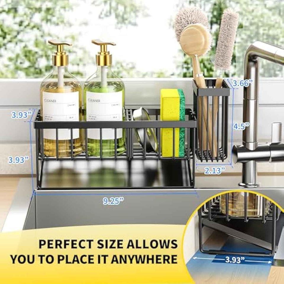 Cisily stainless steel sink caddy with self-drain tray and brush holder for kitchen sink organization