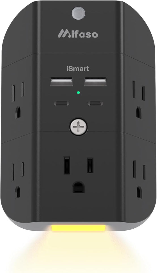 Surge protector outlet extender with night light, 5-outlet splitter, and 4 USB ports for home and dorm room essentials