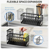 Cisily stainless steel sink caddy with self-drain tray and brush holder for kitchen sink organization
