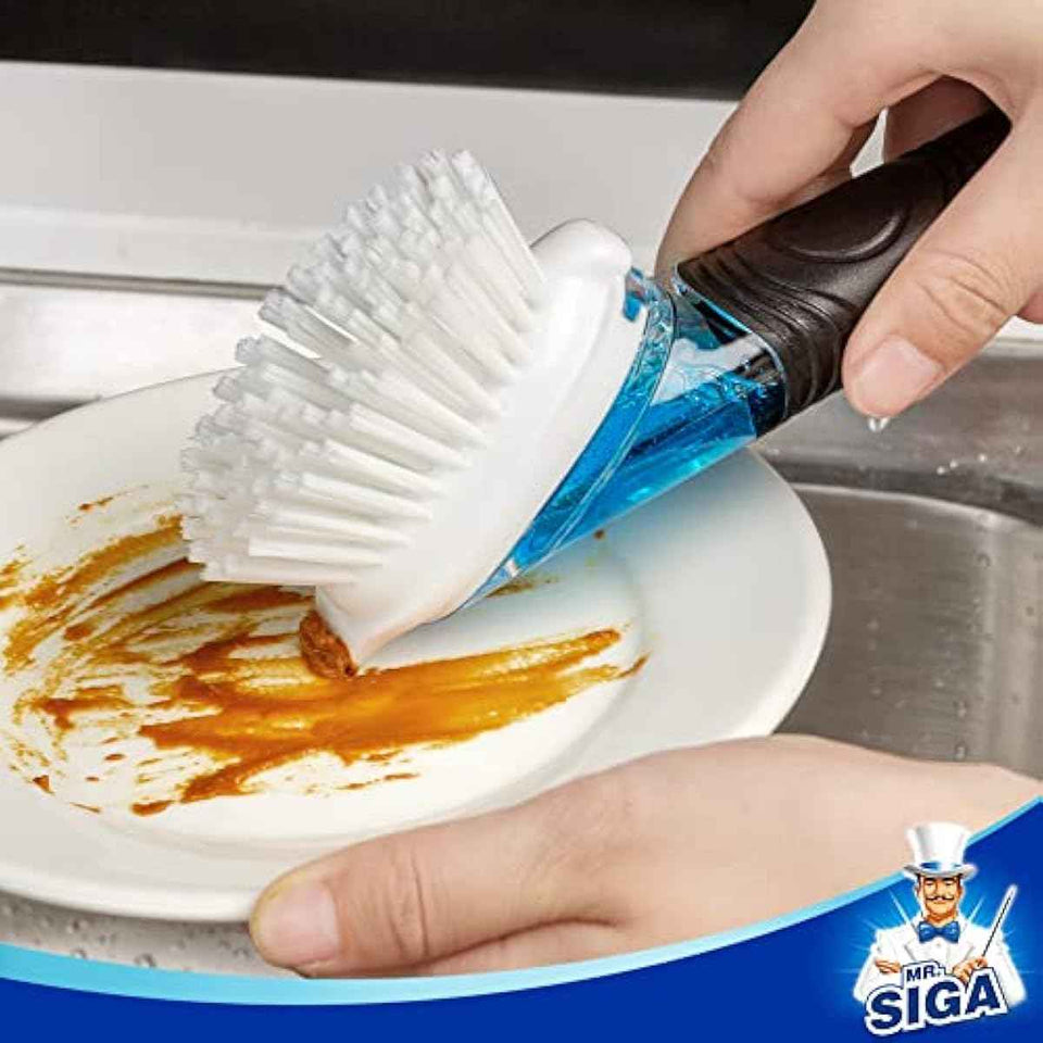 Mr Siga Soap Dispensing Dish Brush for Pot Pan Sink Cleaning with Built-in Scraper, Black