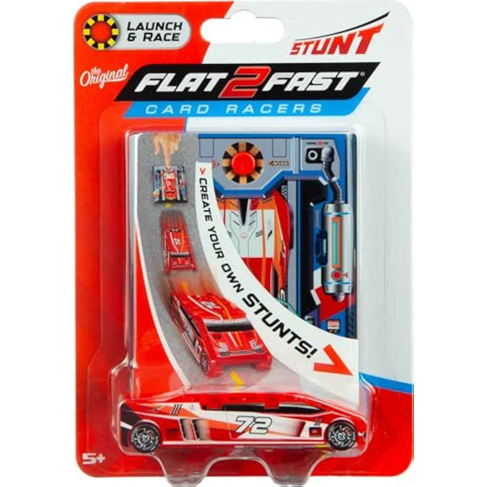 FLAT 2 FAST Original Stunt Card Racer - Crimson Red Compact Pocket Size Racecar Launcher with Built-in Button