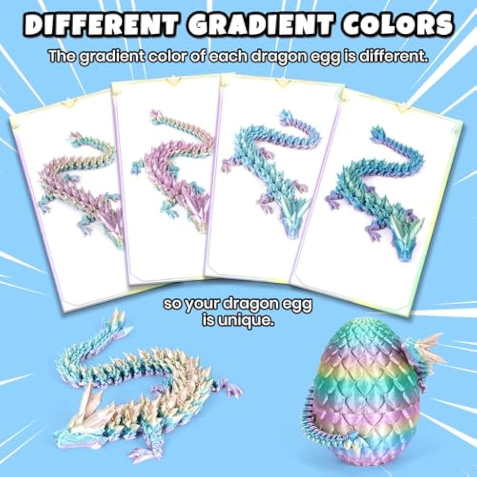 12" 3D Printed Dragon, Upgraded Fall Protection Dragon Egg & Reinforced 3D Dragons Joints, Safe Eco-Friendly Fidget Toy, Ideal for Easter Basket Stuffers, Easter Eggs (Rainbow Color)