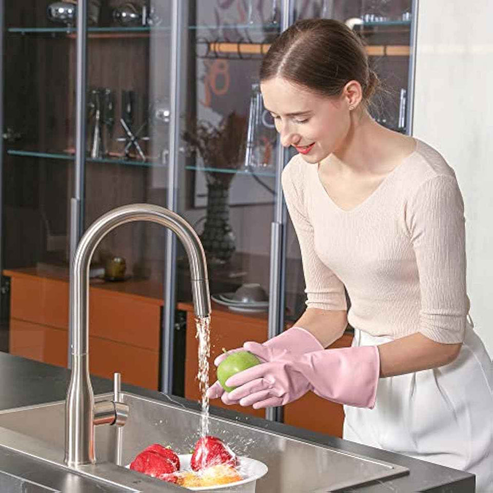 COOLJOB Medium Household Rubber Gloves with Cotton Liner, Non-slip Grip, and Waterproof Long Lasting Dishwashing Gloves for Kitchen and Bathroom Cleaning, Light Pink, 1 Pair