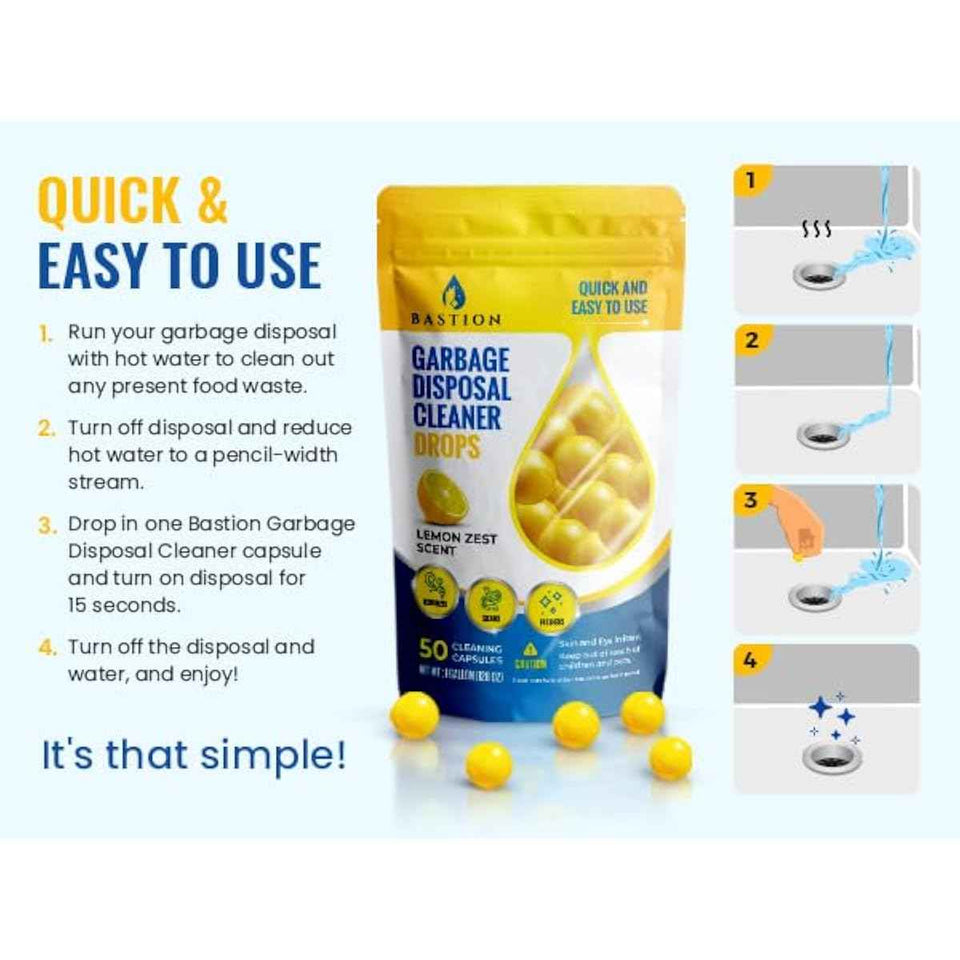 Bastion lemon zest scented 50-count garbage disposal cleaner drops & deodorizer pods for kitchen sink