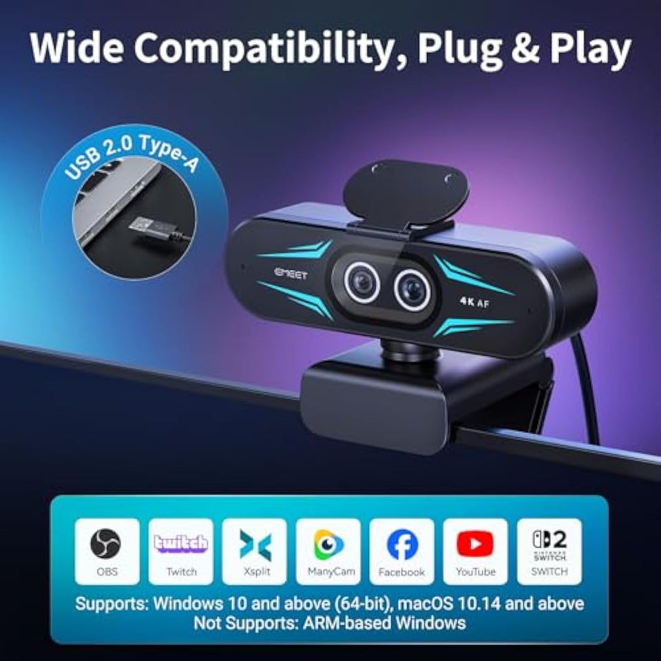 emmeet c60e 4k webcam streaming wide-angle telephoto cameras 11x hybrid zoom pdaf autofocus rgb lighting