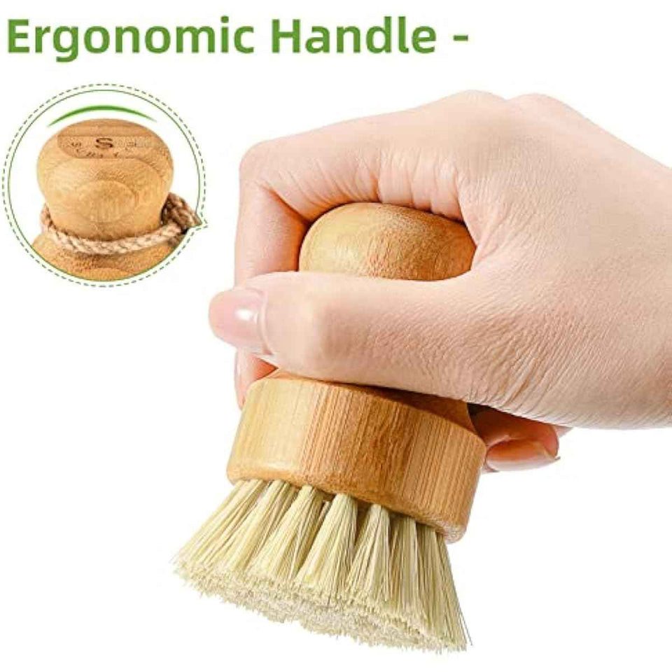 SUBEKYU bamboo kitchen dish scrub brush with natural sisal bristles for gentle cleaning