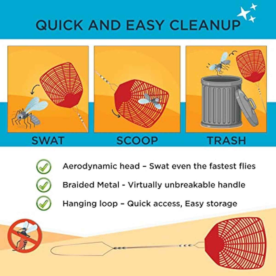 W4W braided metal handle 6 pack fly swatters for indoor/outdoor use with long handle, round corners, and loop design