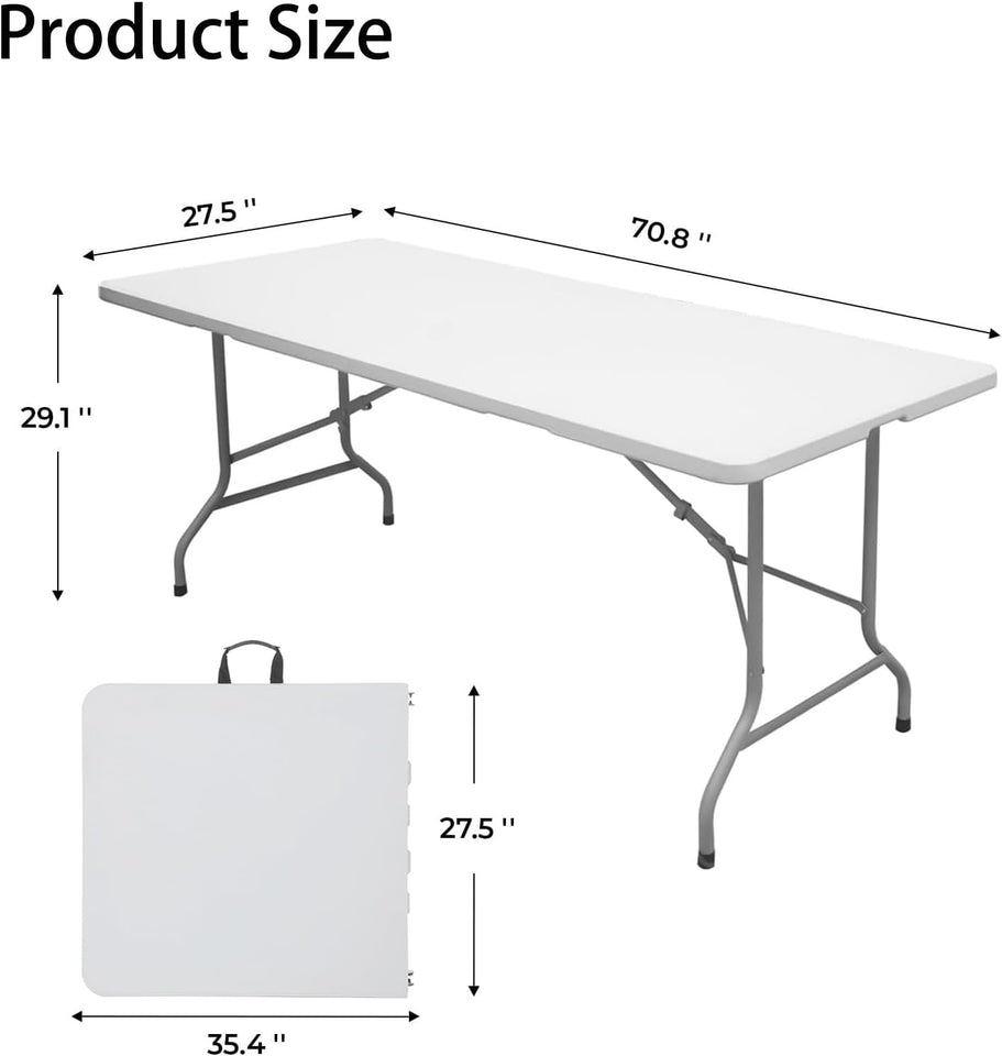 6ft Folding Table - Heavy Duty Portable Table for Parties, Camping & BBQs, Folds in Half for Easy Storage, No Assembly Required, White
