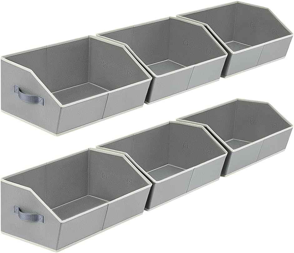 Closet Organizers Bins 6 Packs - Large Closet Shelf Organizer with Handles, Fabric Trapezoid Storage Bins, Collapsible Storage Cubes for Clothes, Towels, Light Gray