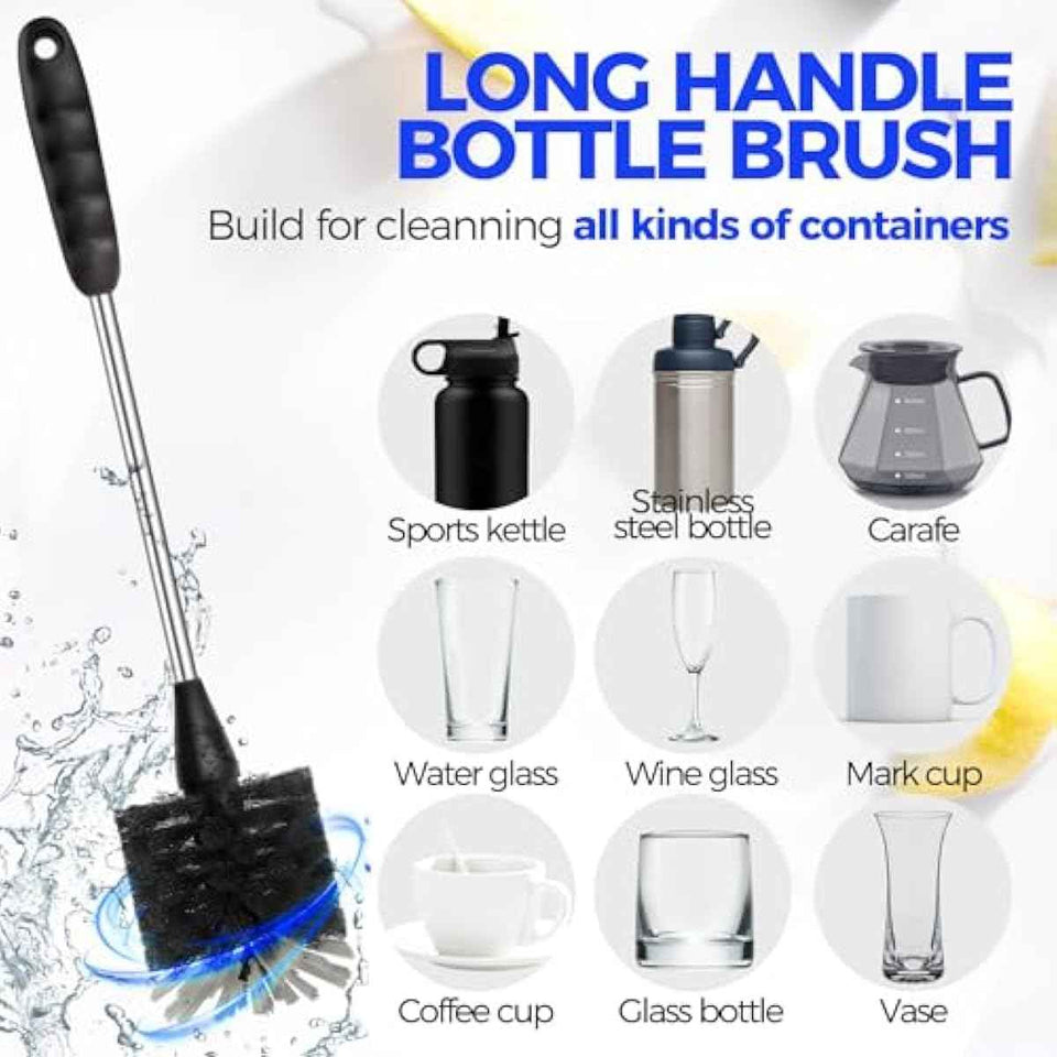 Holikme Bottle Brush Cleaner Set: 14" Stainless Steel Handle, 3 Straw Brushes, Abrasive Wheel for Water Bottles, Cups, Straws
