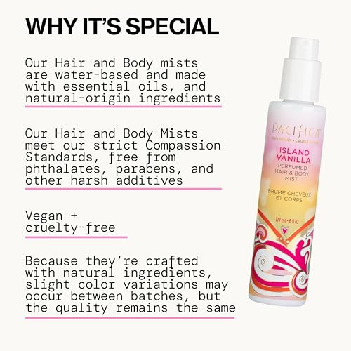 pacificas island vanilla 6oz hair and body mist, paraben-free, no alcohol, vegan and cruelty-free