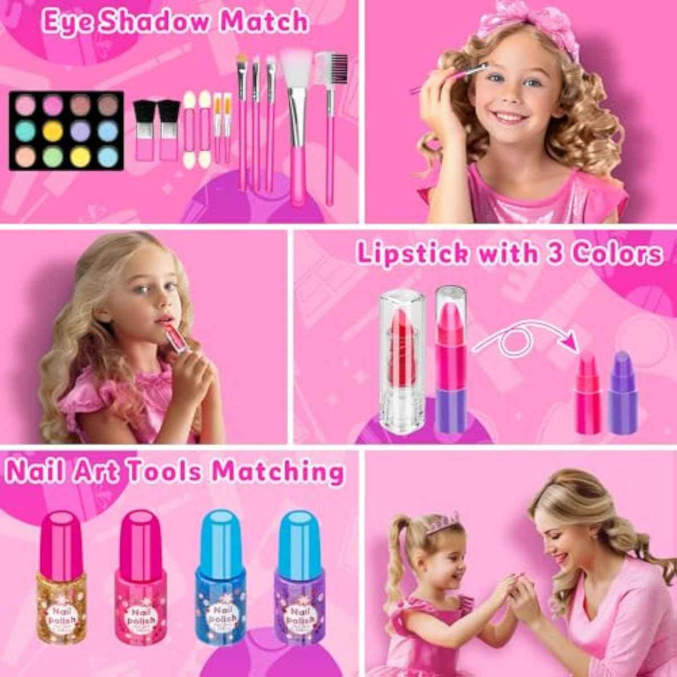 holyhi 58-piece kids makeup kit for girls rose color, princess toys with mirror and washable cosmetics, 3-12 years old