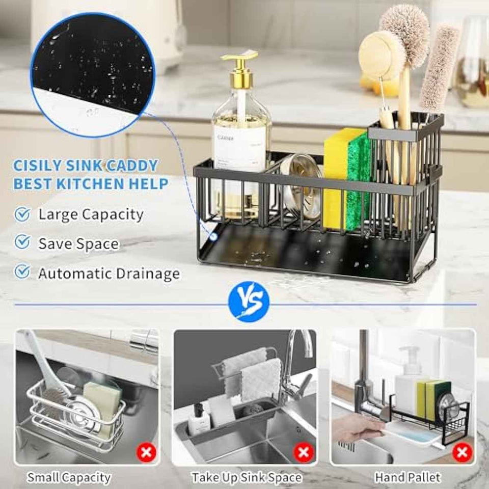 Cisily stainless steel sink caddy with self-drain tray and brush holder for kitchen sink organization