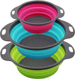 Qimh Collapsible Colander Set, 3-Piece Round Silicone Kitchen Strainer, 4-Quart & 2-Quart