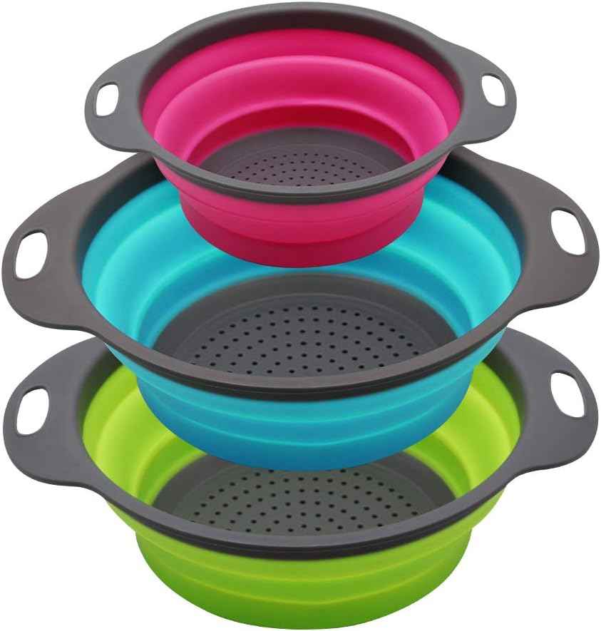 Qimh Collapsible Colander Set, 3-Piece Round Silicone Kitchen Strainer, 4-Quart & 2-Quart