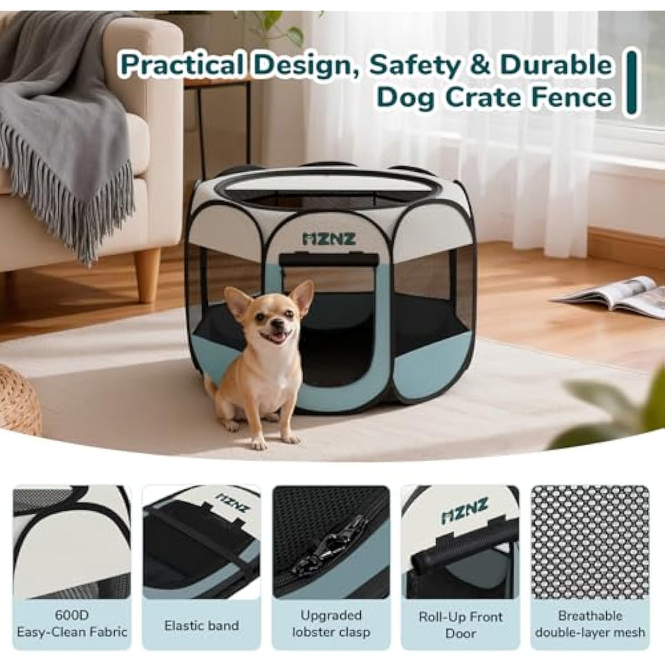 Grey dog cat playpen, portable puppy pet crate for small dogs, cats, rabbits, foldable dog cage enclosure with carrying case