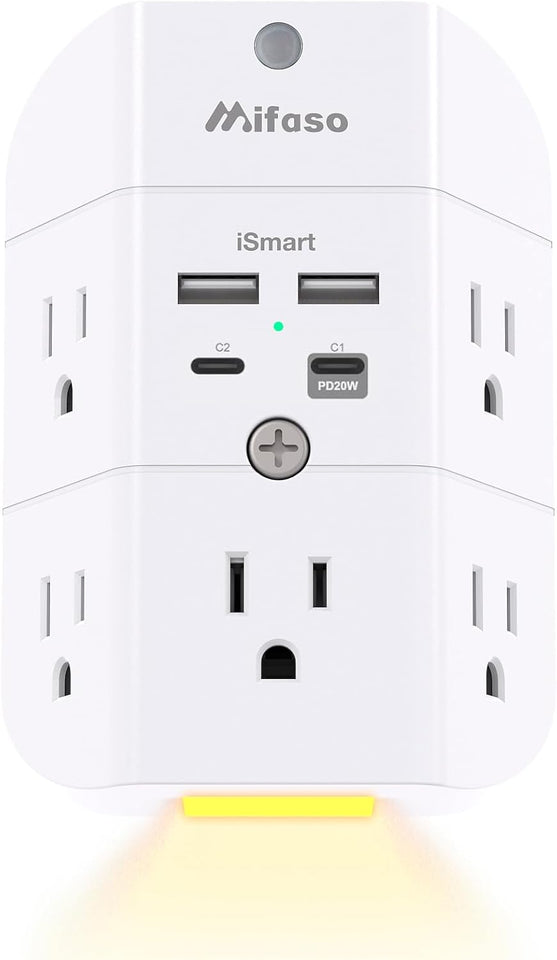 Surge protector outlet extender with night light, 5-outlet splitter, and 4 USB ports for home and dorm room essentials