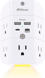 Surge protector outlet extender with night light, 5-outlet splitter, and 4 USB ports for home and dorm room essentials