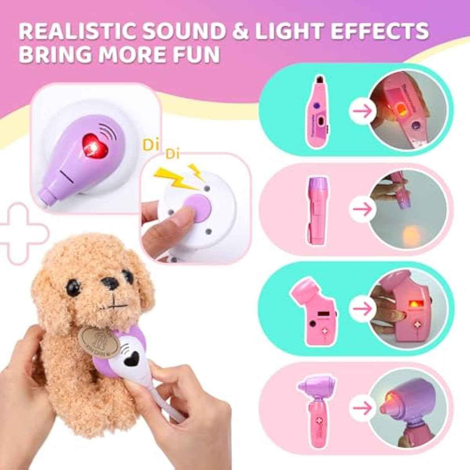 Meland Toy Doctor Kit for Girls, Pretend Play Toy with Dog, Stethoscope & Dress Up Costume for Kids Ages 3-6