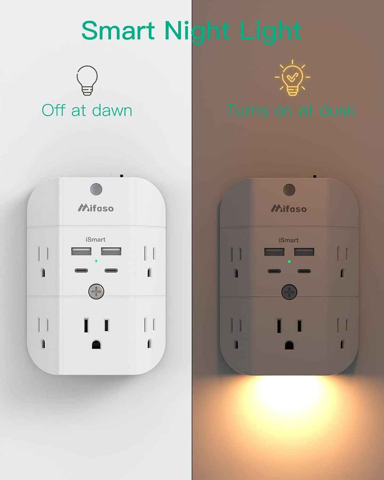 Surge protector outlet extender with night light, 5-outlet splitter, and 4 USB ports for home and dorm room essentials