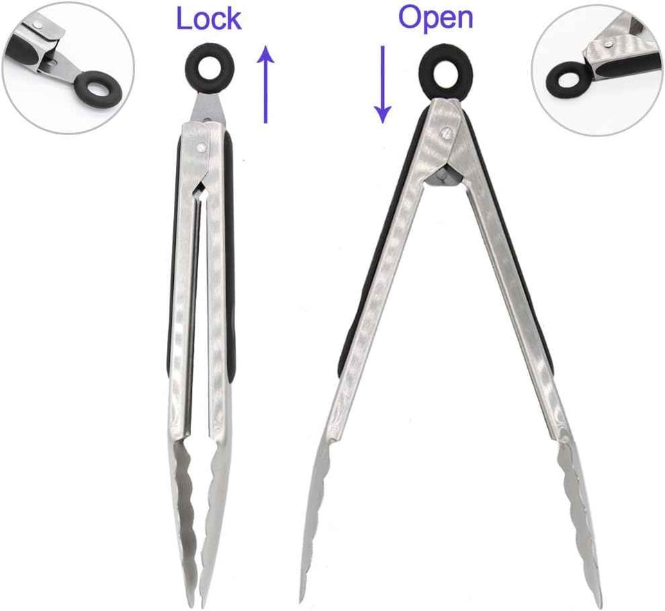 304 Stainless Steel Tongs, 9" and 12" Set, Sturdy Grilling and Barbeque Tongs with Ergonomic Grip, Black