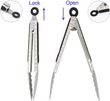 304 Stainless Steel Tongs, 9" and 12" Set, Sturdy Grilling and Barbeque Tongs with Ergonomic Grip, Black