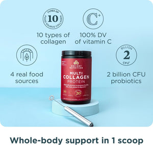 Ancient Nutrition Collagen Powder Protein with Probiotics, Unflavored Multi Collagen Protein with Vitamin C, 45 Servings, Hydrolyzed Collagen Peptides Supports Skin and Nails, Gut Health, 16oz