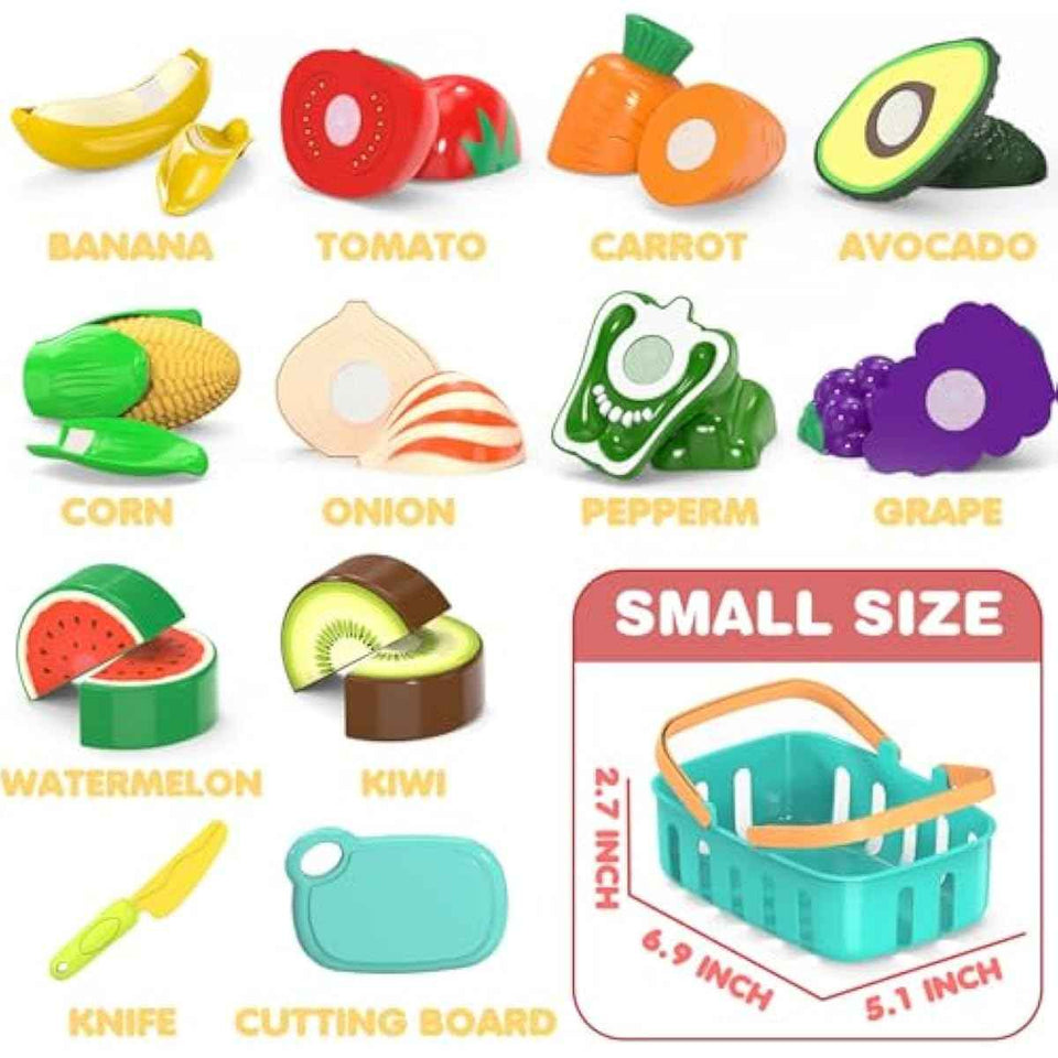 Cutting Play Food Toys For Kids, Pretend Play Kitchen Accessories, Fake Fruits/Vegetables Set With Shopping Storage Basket, Plastic Board And Knife, Birthday Gifts/Educational Toy For Toddler Children