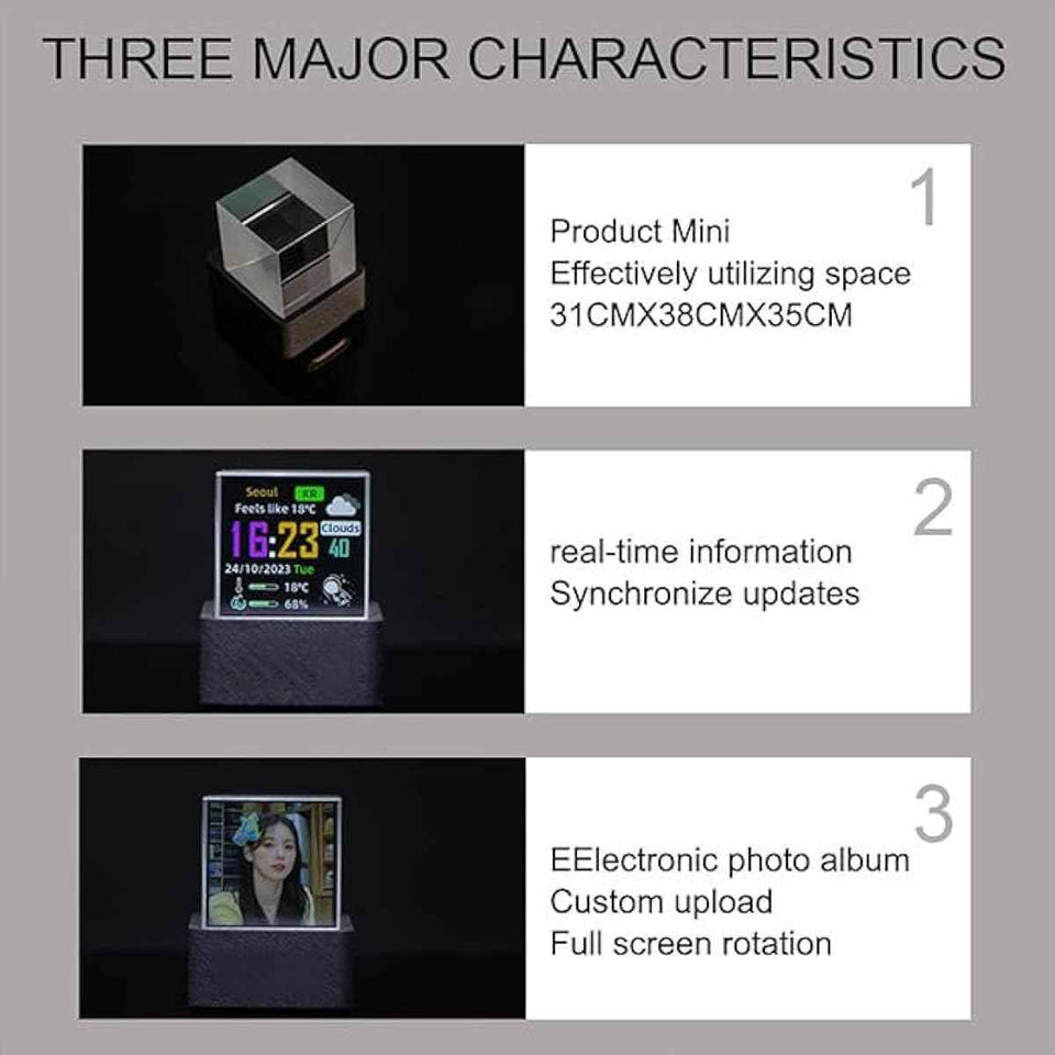 HolaCube WiFi Holographic Crystal 3D Photo Display, Smart Weather Station & Digital Clock with GIF Animations and Electronic Image Album Player for Desktop/Car Décor (Black Base)