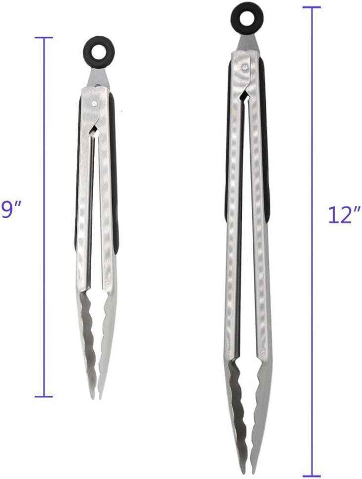 304 Stainless Steel Kitchen Cooking Tongs, 9" and 12" Set of 2 Sturdy Grilling Barbeque Brushed Locking Food Tongs with Ergonomic Grip, Black