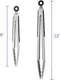304 Stainless Steel Kitchen Cooking Tongs, 9" and 12" Set of 2 Sturdy Grilling Barbeque Brushed Locking Food Tongs with Ergonomic Grip, Black