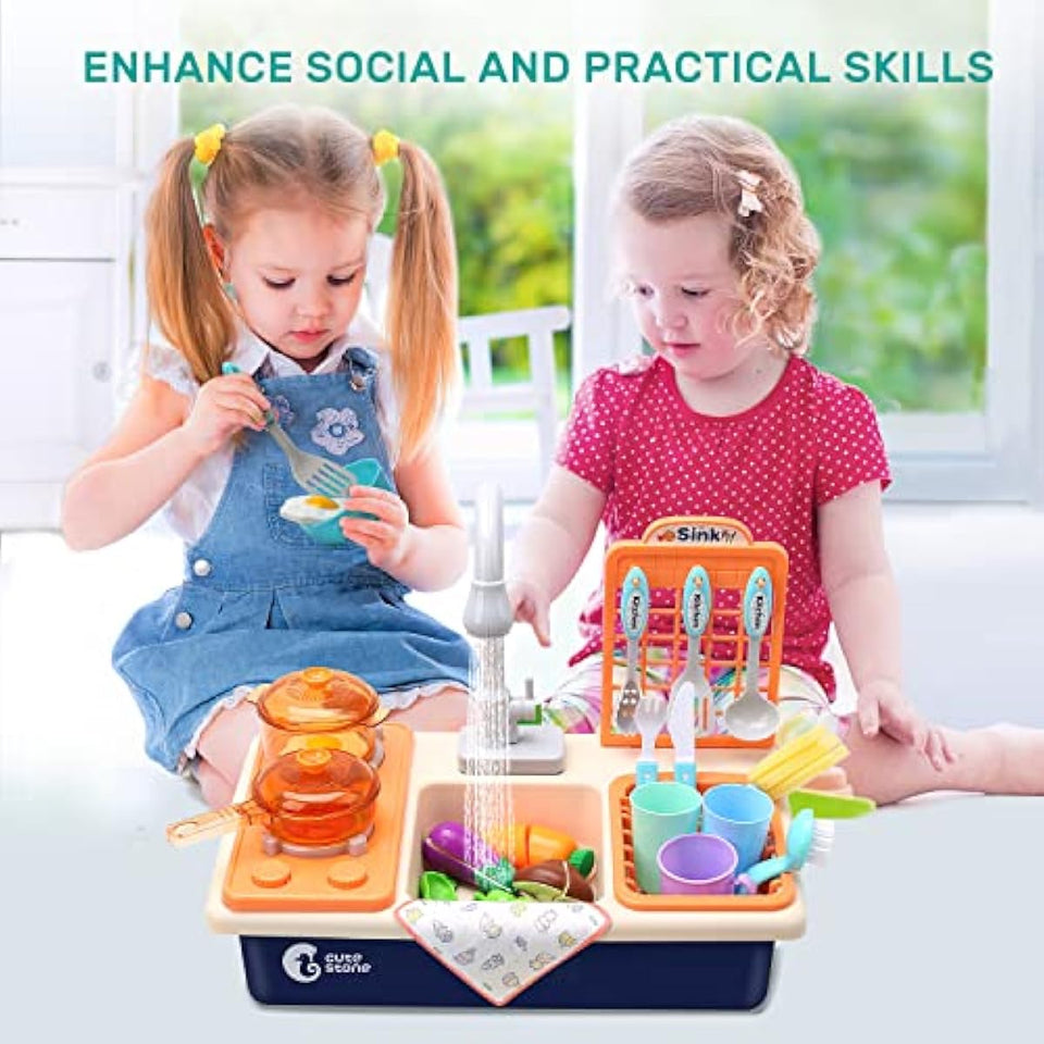 CUTE STONE Pretend Play Kitchen Sink Toys with Play Cooking Stove, Pot and Pan with Spray Realistic Light and Sound, Dish Rack & Play Cutting Food, Utensils Tableware Accessories for Kids Toddlers
