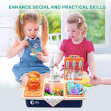 CUTE STONE Pretend Play Kitchen Sink Toys with Play Cooking Stove, Pot and Pan with Spray Realistic Light and Sound, Dish Rack & Play Cutting Food, Utensils Tableware Accessories for Kids Toddlers