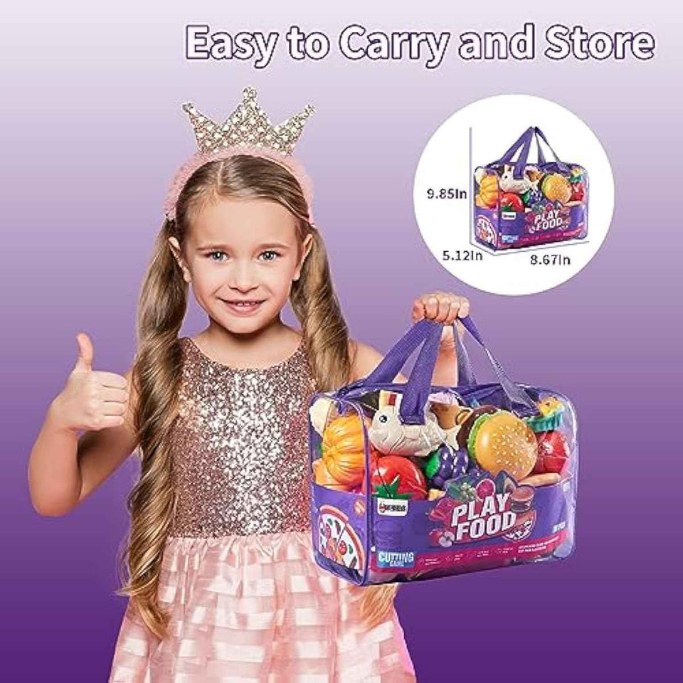 Pretend Play Food for Kids Kitchen, 78Pc Cutting Toy Food with Storage Bag