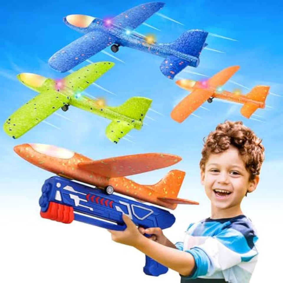 Fuwidvia airplane launcher toys, 3-pack, 13.2'' LED foam glider planes, 2 flight modes, outdoor fun for kids 4-12 years old, blue, green, orange