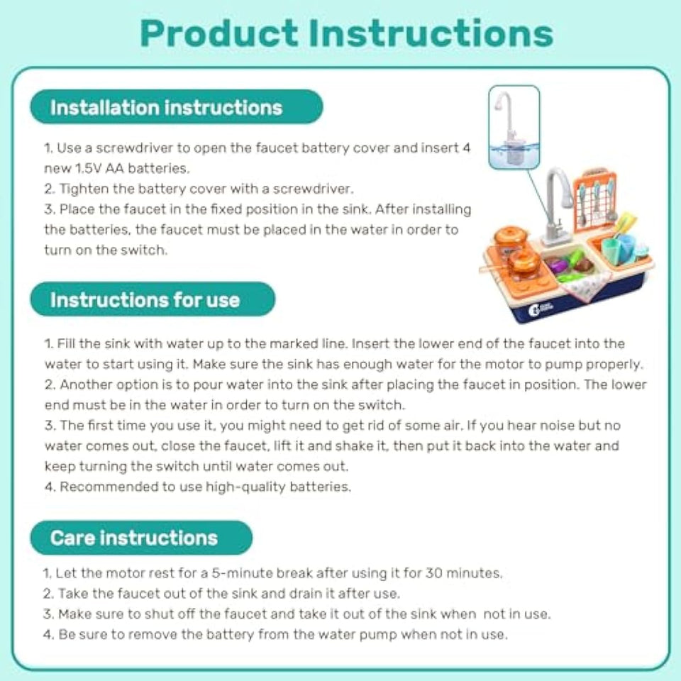 CUTE STONE Pretend Play Kitchen Sink Toys with Play Cooking Stove, Pot and Pan with Spray Realistic Light and Sound, Dish Rack & Play Cutting Food, Utensils Tableware Accessories for Kids Toddlers