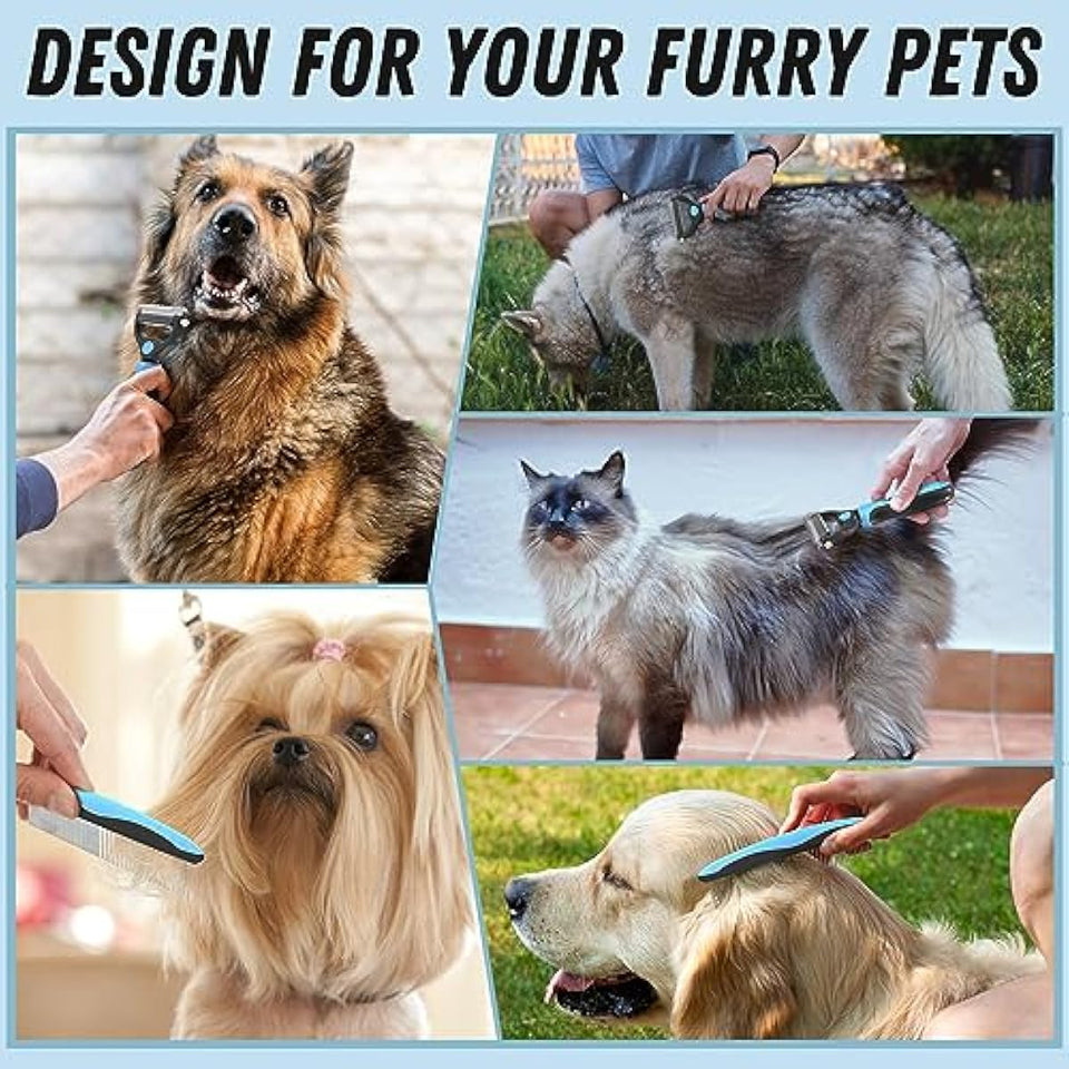 Pet Grooming Combo - Blue Deshedding Brush with Metal Comb for Detangling and Dematting Long, Matted Fur on Cats and Dogs