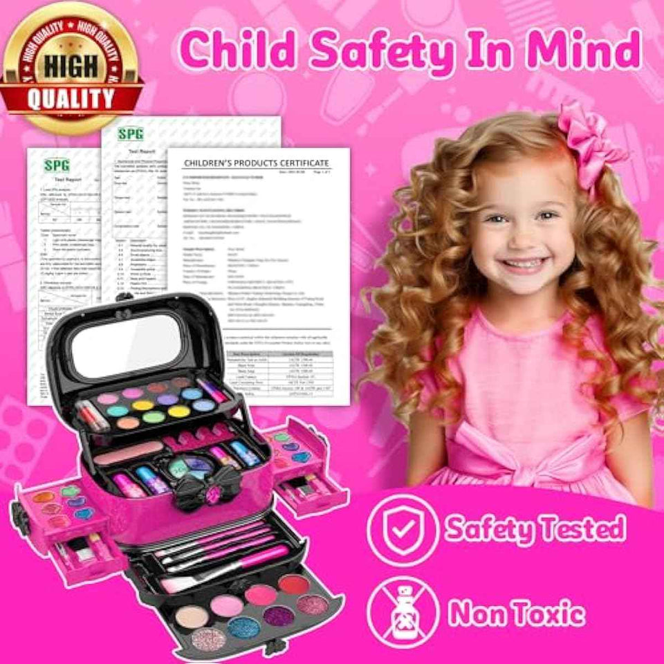 holyhi 58-piece kids makeup kit for girls rose color, princess toys with mirror and washable cosmetics, 3-12 years old